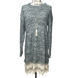 ALTAR’D State Boho Sweater Dress with Lace Hem Green and Cream Size M/L NWT